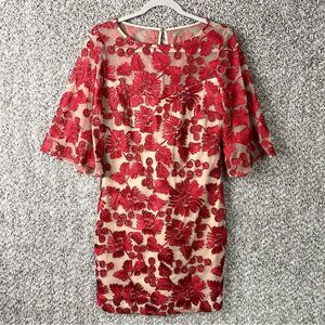Trina Turk Dress Women’s 2 Red & Beige Floral Embroidered Bell Sleeve Sheath